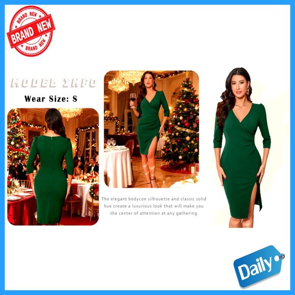 V Neck 3/4 Sleeve Faux Wrap Slit Bodycon Midi Dress Formal Cocktail Party - Picture 7 of 7